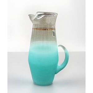 MCM Blendo 80 oz Glass Pitcher Frosted Turquoise Pinched Spout Gold Band 11 3/4"